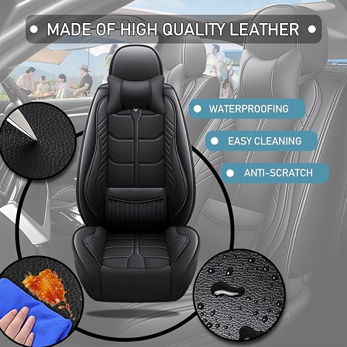 Leather Car Seat Covers Fit for Toyota Tacoma 2005-2024, 5 Seater Car Seat Cover, Premium Waterproof, Scratch Resistant Car Interior Accessories (Full Set with Pillow Black)