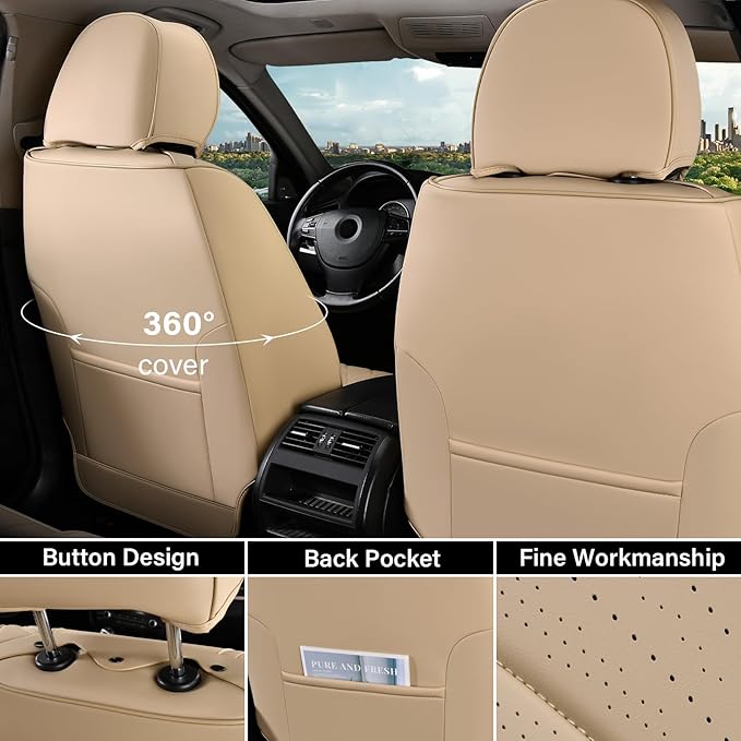 Coverado Car Seat Covers, Front Seat Covers for Cars, 2 Pack Beige Leather Seat Covers, Universal Seat Covers Front Seat, Automotive Seat Covers Waterproof Car Seat Protector Fit for Most Vehicles