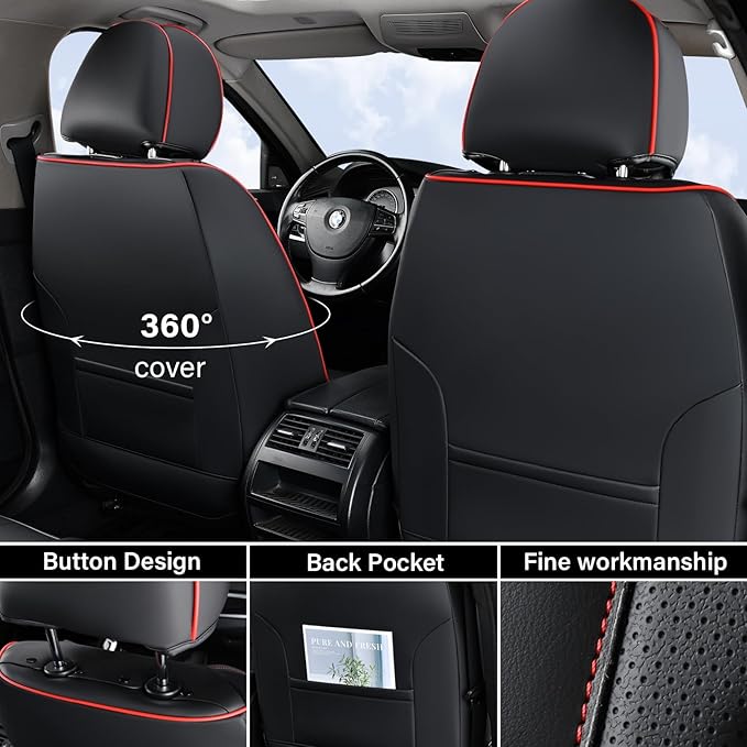 Coverado Car Seat Covers, Front Seat Cover, Waterproof Nappa Leather Seat Covers for Cars, 2 Pack Car Seat Protectors, Driver Seat Cover, Automotive Seat Covers Universal Fit for Most Cars, Black&Red