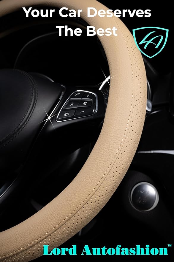 Lord Autofashion Steering Wheel Cover – PU Leather, Non-Slip Rubber Inner, All-Season Comfort – 14.5–15 Inch (Beige 8397)