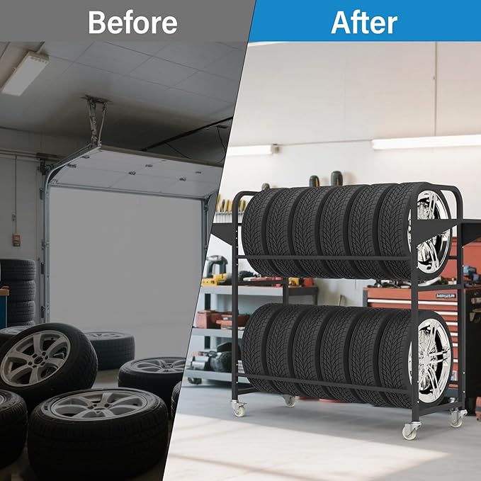 Tire Storage Rack 44" x 44" x 18" with Anti-Dust Cover, Rolling Adjustable Black Alloy Steel Tire Rack for Garage with 4 Swivel Casters & 2 Storage Shelves