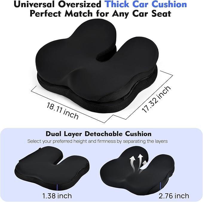 Office Chair Cushion & Car Seat Cushion - Memory Foam Dual-Layer Ergonomic Seat Cushion for Tailbone Pain Relief, Coccyx Support, Soft Yet Firm Comfort for All-Day Sitting