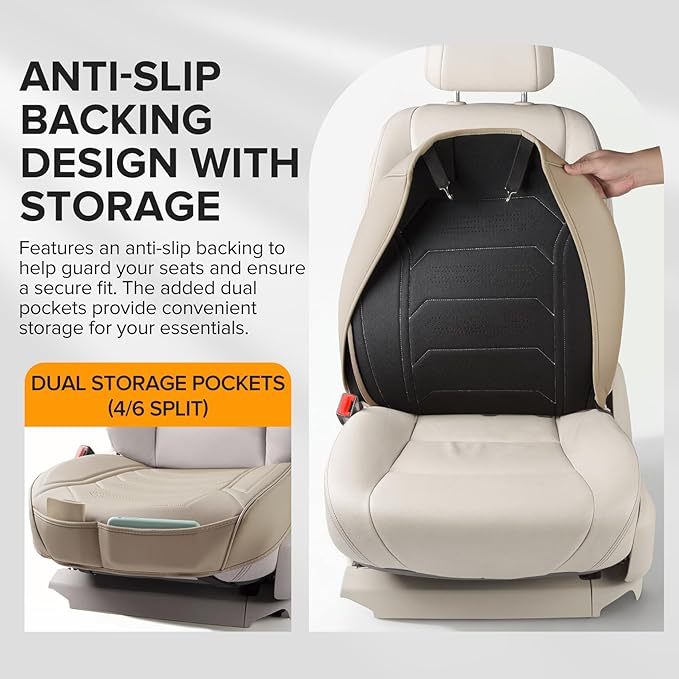 2 Pack Front Leatherette Seat Covers Faux Leather Bottom Car Seat Covers, Super Breathable,Anti-Slip,Universal Seat Covers for Cars,Full Wrapping Edge Fit for Most Sedans SUV Pick-up (2 Pack Beige)