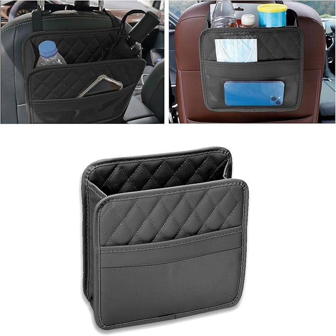 Car Back Seat Organizer, Waterproof PU Leather Car Seat Back Hanging Bag, Multifunctional Car Storage Bag Vehicles Interior Accessories for Adults, Universal for Most Cars (Black)