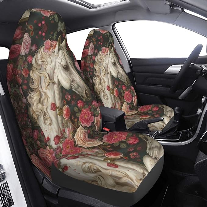 Delerain Car Seat Covers Set 2Pcs, Rose White Horse Universal Front Car Seats Vehicle Enterior Protector Suitable Fits Most Car Auto SUV Sedan Truck