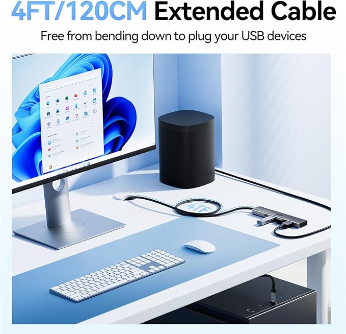 ICZI USB C Hub, 10Gbps 4 in 1 USB 3.2 Adapter with 2 USB-C & A 3.2 4FT Cable, 4 Ports Splitter Extender for MacBook Pro/Air, iPad Pro, iPhone 15/15 Pro Max, Surface, PC, Laptops