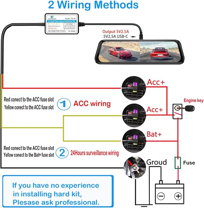 DUOYOUNG Dash Cam Hardwire Kit (12V-24V to 5V), USB C Hardwire Kit for Dash Camera with Acc Functionality, Add a Circuit Fuses, 24h Parking Monitor and Low Voltage Protection (11.5FT)