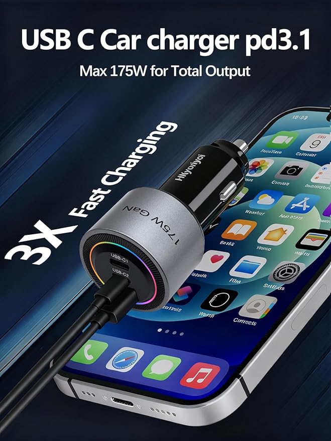 HKyoriyoi 175W USB C Super Fast Car Charger, PD3.1 140W PD3.0 100W Fast Charging Type C Car Phone Charger, 3-Port GaN Cigarette Lighter Adapter for Laptop, MacBook, iPad, iPhone 16 Pro, Samsung S25