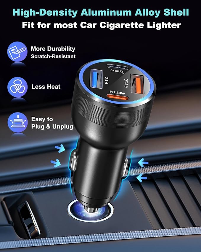65W USB C Car Charger with Retractable Coiled USB C Cords, OKRAY 4-Port Car Charger PD30W&QC3.0 Fast Charging 12v Cigarette Lighter Adapter for iPhone 17 Air 16e 15 16 Pro, Samsung Galaxy S25 S24 A16