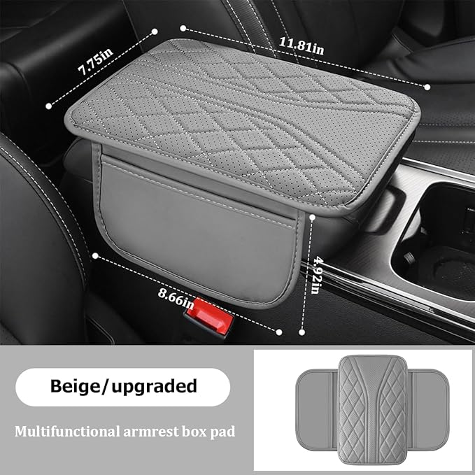 Car Center Console Cover, Leather Vehicle Armrest Box Pad with 2 Storage Bags, Automotive Interior Arm Rest Cushion Protector Accessories, Universal for SUV Sedan Truck (Gray)