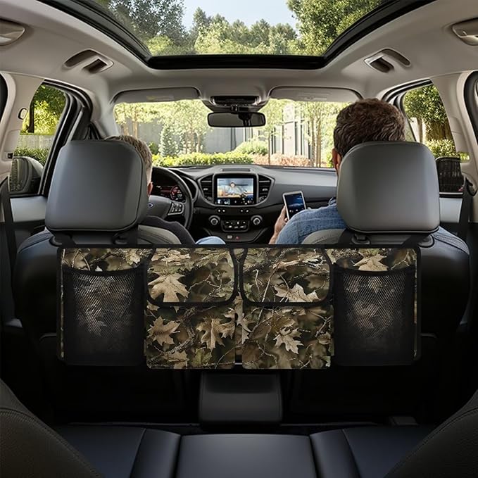 Camo Trunk Organizer for Car Storage Organizer with 4 Pockets, Space-Saving Trunk Storage Organizer with 2 Pockets & 2 Mesh Pouches for Groceries, Car Travel Accessories for Women and Men