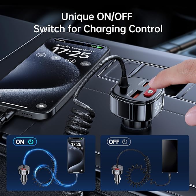 Syncwire USB C Car Charger with [Battery Leakage Prevention] 66W Super Fast Car Adapter with PD & QC 3.0 Built in 6FT Type C Coiled Cable for iPhone 17/16/15 Series, Samsung Galaxy/Google Pixel