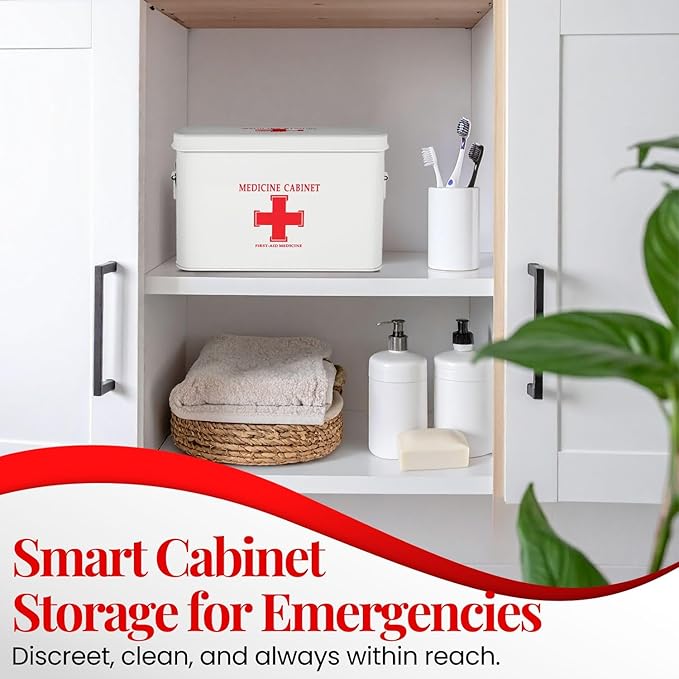 Flexzion First Aid Box Organizer Empty 13" White Vintage First Aid Kit Tin Metal Medical Box - First Aid Storage Box Container Bins with Dividers, Removable Tray and Red Cross Logo