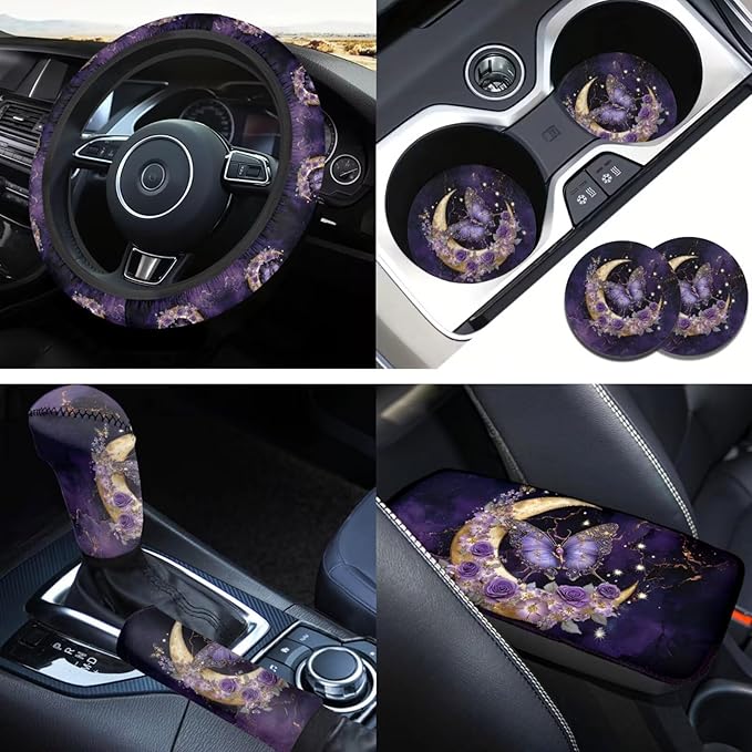 Purple Butterfly& Moon Car Accessories for Women Cute Steering Wheel Cover Car Handbrake Cover,Cup Mat 6 Pcs Cars Interior Decor Suit for Vans Truck SUV