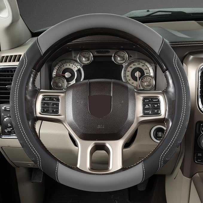 GIANT PANDA Car Steering Wheel Cover for RAM 1500 2500 3500, Compatible with Dodge RAM 15.5-16 inches - Black+Gray