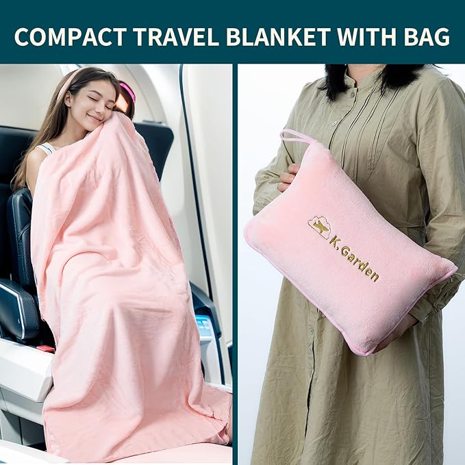 K.Garden Travel Cooling Blanket and Pillow- Soft 2 in 1 Airplane Compact Flight Essentials Car Pillow Travelers Gifts Accessories Compact Pack Blanket for Any Travel with Luggage Backpack Strap,Pink