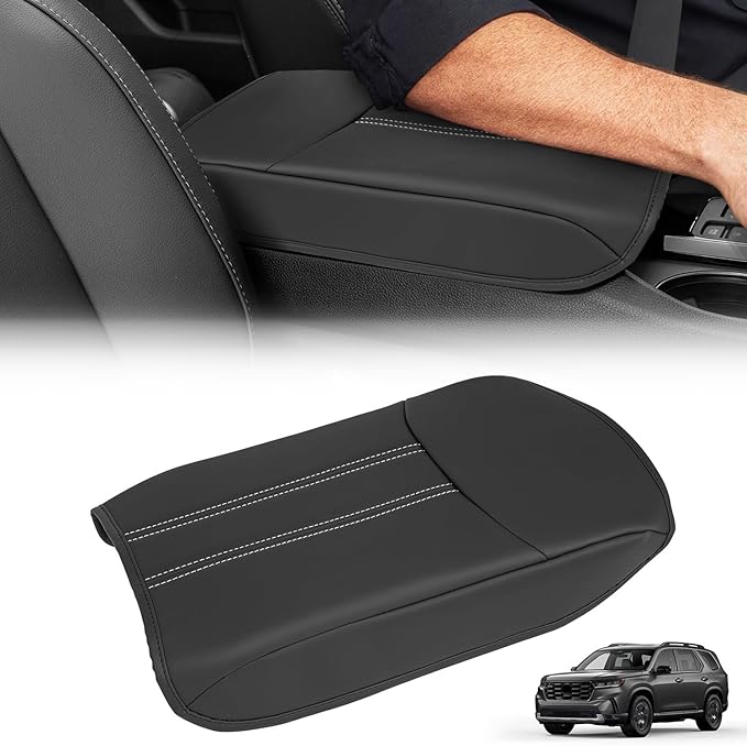 Center Console Armrest Cover Compatible with Honda Pilot 2023 2024 2025 2026, Ridgeline Passport 2024-2026, Armrest Pad Lid Cushion,Center Console Protector Pad (White Stitching)