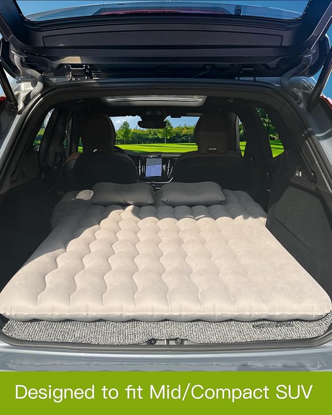 SUV Air Mattress, Inflatable Car Mattress Bottle and Phone Holder Thickened Flocking & PVC Surface Car Bed with Electric Air Pump Travel Mattress for Camping Road Trip (Grey)