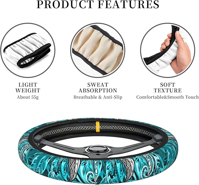 Hawaiian Teal Ocean Tribal Car Steering Wheel Cover for Women Men Stretch Cloth Anti-Slip Wrap Protector Case Fit Universal Auto Accessories Decor Sweat Absorption 14-15 Inch