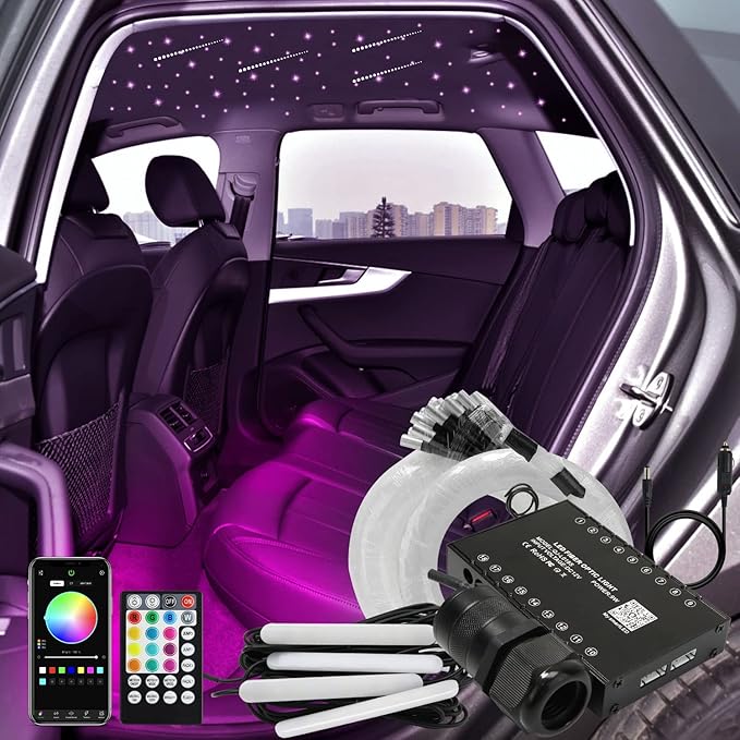 AKEPO 3-in-1 Starlight Headliner Kits: Meteor Effect+6W RGBW Fiber Optic Stars Lights+ 4 Car Under Dash LED Light, Music Sync App Control Optical Fibers 295pcs Mixed Diameterin 9.8ft