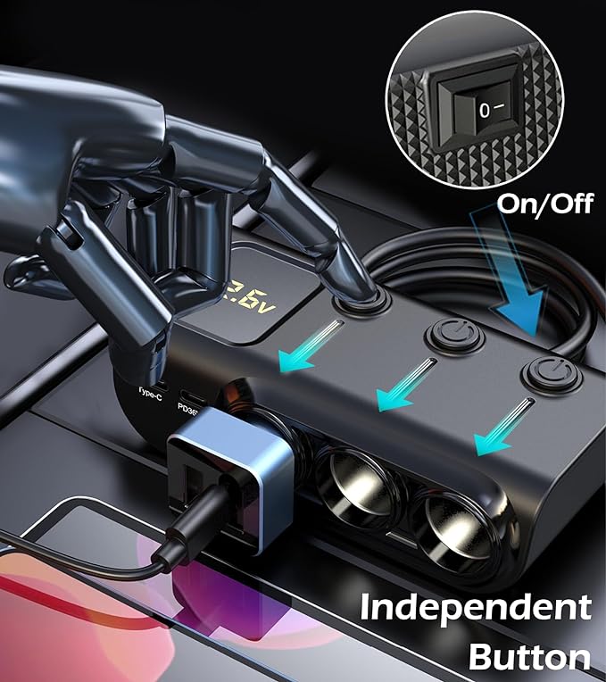 8 in 1Cigarette Lighter Splitter,LIHAN 3 Expander Socket Car Charger Adapter & 5 USB Ports(Type-C PD36W/QC3.0),12V/24V Plug,120W Outlet with LED Voltmeter,3.3FT Cable for Car,Truck,SUV,RV,Camping