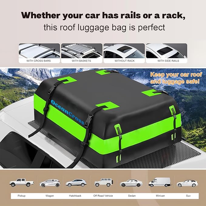 OceanCross Car Rooftop Cargo Carrier Bag, Green Rooftop top Cargo Carrier Bag 15 Cubic feet Waterproof for All Cars with/Without Rack, Includes Anti-Slip Mat, 8 Reinforcement Straps, Luggage Lock