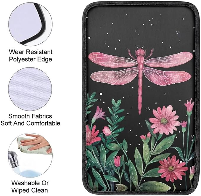 Flower Dragonfly Car Center Console Cushion Pad for Most Cars Soft Armrest Seat Box Cover, Waterproof Auto Armrest Cover Protector, Dragonfly Cars Interior Accessories