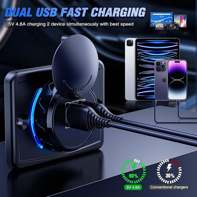 Nilight Quick USB Outlet Socket 12V 24V Dual USBs Connector 5V 4.8A Car Outlets with Waterproof Cover Rotating Cap LED Light for Cars Trucks Motorcycle RVs Campers