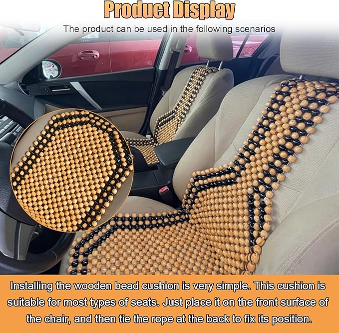Breathable Wood Beaded Seat Cushion, Cooling Double Strung Auto Back Massaging Driver Seats Cover for Fatigue Relief, Comfort Ventilated Support Cushion for Car Seat Chair (Beige)