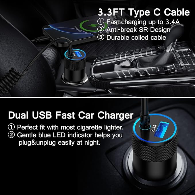 Samsung A17 Type C Fast Car Charger with 3ft USB C Coiled Cable for Galaxy S26/S25 Ultra/A16/A56/A15/A55/A35/A54/A14/A13 5G/Z Fold7/Pixel 10a/10/9 Pro/iPhone 17, 3.4A Android Car Phone Charger Adapter