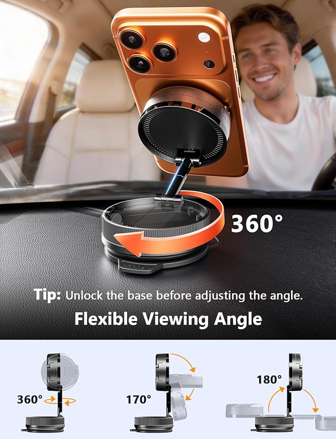 2026 Upgraded 360° Vacuum Magnetic Car Phone Holder for Magsafe [120+LBS Strongest Suction & 3000gf Strongest Magnetic], Adjustable Car Phone Mount for Your Car/Gym/Mirror for iPhone & Android, Pro