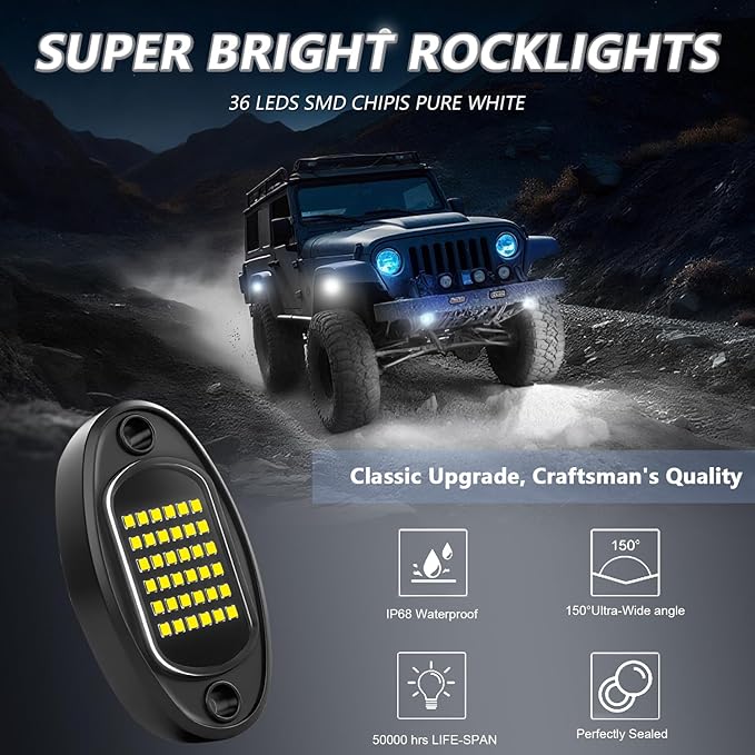 4 Pods White Rock Lights 6000K Pure White 36 LEDs SMD Chips Super Bright Neon Underglow Light IP68 Waterproof for Pickup Trucks SUV UTV ATV RZR Car Boats