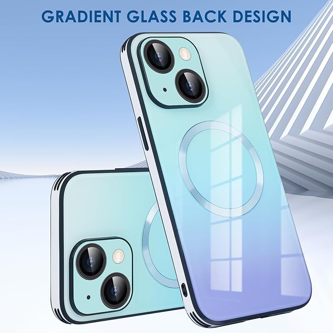 Guppy Compatible with iPhone 13 with MagSafe Case, Magnetic Gradient Case with MagSafe Charging, Gradient Glass Back Cover with Lens Film-Blue