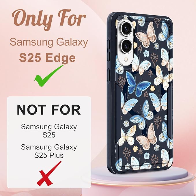 for Samsung Galaxy S25 Edge Case - Compatible with MagSafe Women Girls Cute Magnetic Protective Phone Cover Girly Blue Butterfly Heavy Duty Shockproof Design for Samsung S25 Edge Case