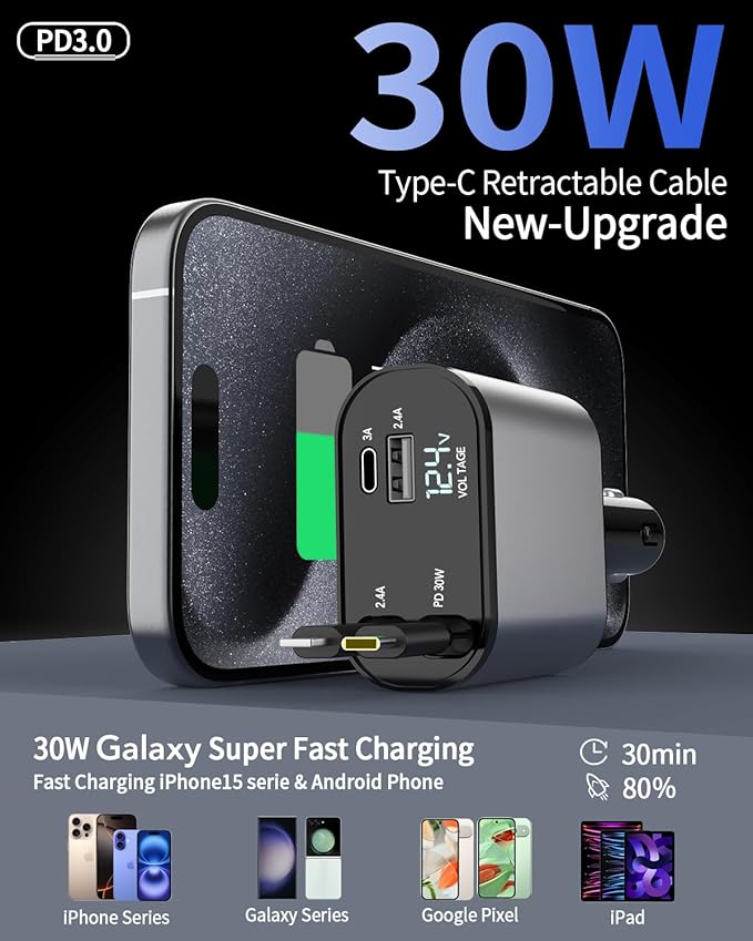 Retractable Car Charger Adapter for iPhone 17,4 in 1 Fast Charging Car Phone Charger,69W USB C Car Truck Accessories,Road Trip Essentials Gift for Men Women for iPhone 17/16/15/14/13/12,Galaxy S25