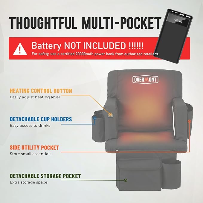 Overmont Heated Stadium Seat with Back Support – 3 Heat Levels, Dual-Zone Independent Control, 6-Position Recliner, Wide Cushion Dual Hooks Multiple Pockets – Bleacher Chair for Sport Camping Concerts
