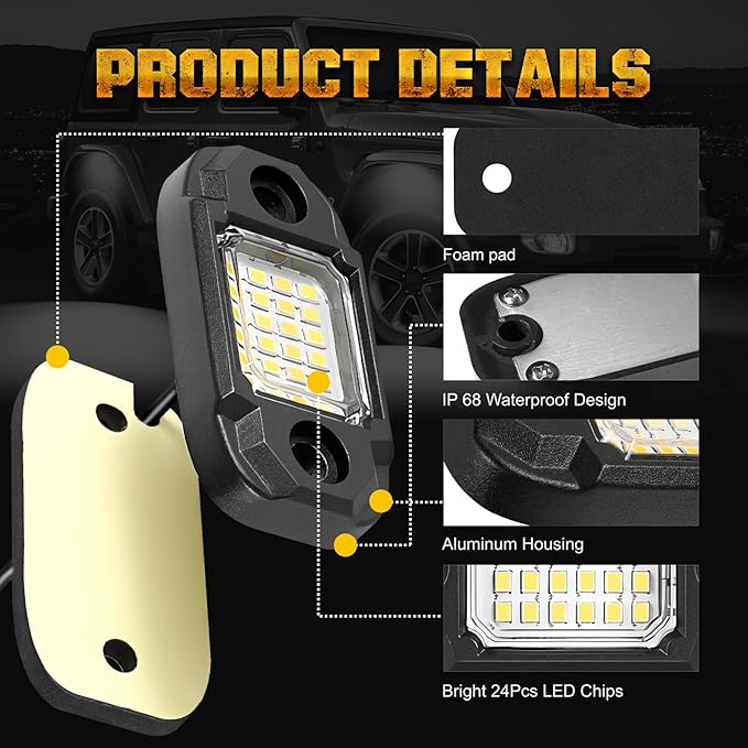 4 Pods White Rock Lights 24 LEDs Chips Waterproof Neon Trail Rig Lamp Underglow Light for Car Truck Motorcycle SUV ATV UTV (White)