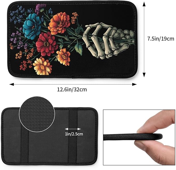 Universal Car Center Console Cushion Pad, Colorful Flowers Skull Hands Soft Waterproof Car Center Console Cover Auto Armrest Seat Box Cover Protector for Most Vehicle SUV Truck Car