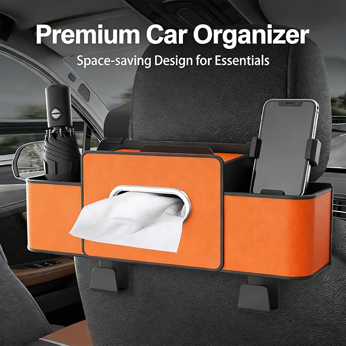 Multifunctional 3‑in‑1 Car Seat Back Storage Box Organizer with Cup Holders, Tissue Box Slot & Headrest Hooks – Backseat Car Organizer for Phones, Snacks, Drinks, Bags, Travel Storage (Brown)
