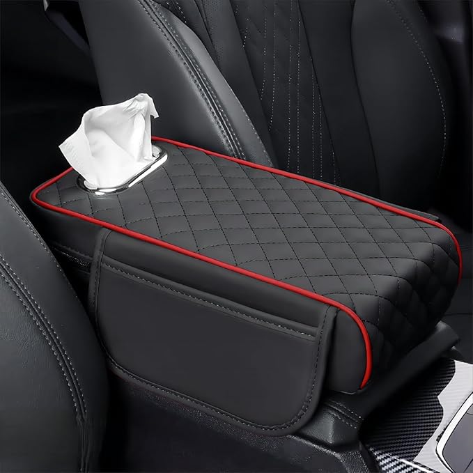 Car Center Console Cover for Infiniti FX SUV FX35 / FX37 / FX40 / FX45 /FX50, Leather Car Arm Rest Cover, Car Armrest Cushion with 2 Storage Bags Car Center Console Armrest Pad, C Black+Red