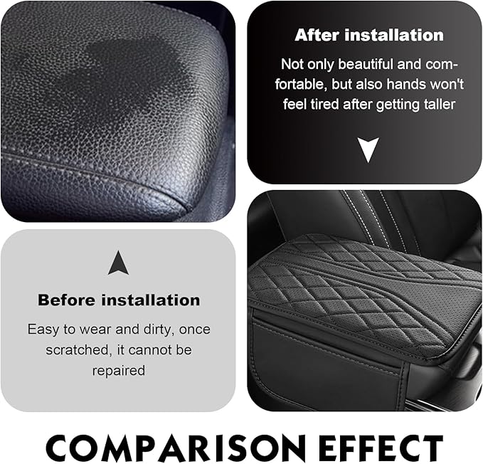 Car Center Console Cover, Leather Automotive Armrest Cushion with 2 Storage Bags, Breathable Armrest Cover, Universal Waterproof Arm Rest Protection Pad for SUV, Sedan, Truck (Black)