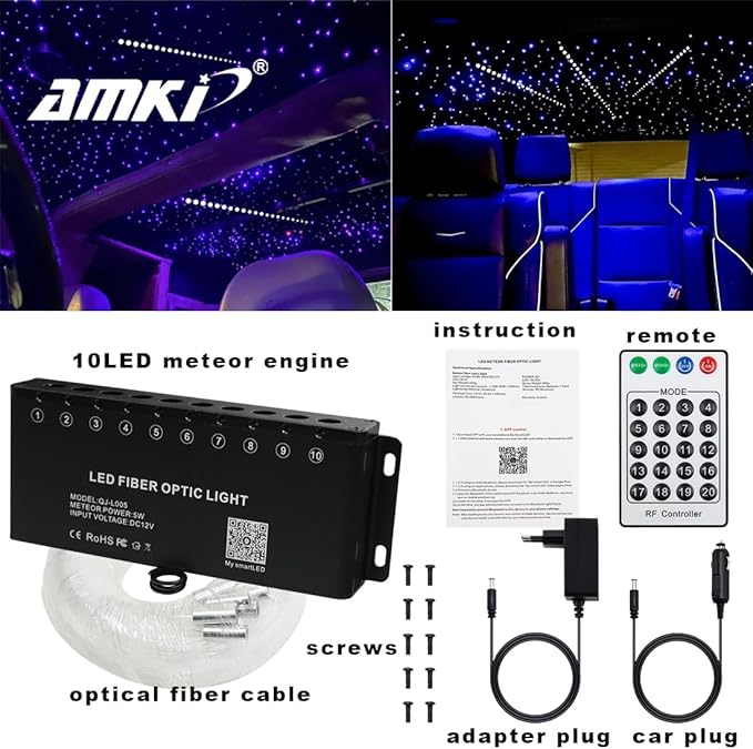 AMKI 100pcs*0.04in*16.4ft Pure White Shooting Stars Effect Fiber Optic Lights Kit,10Holes LED 5W Meteor Light Engine with Bluetooth+RF Remote Control 20 Meteor Modes