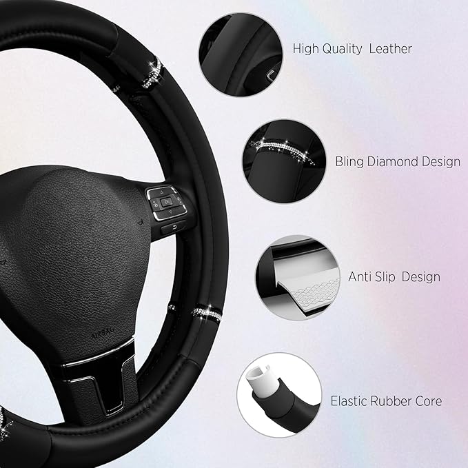 Road Comfort Leather Steering Wheel Cover – Premium Anti-Slip Car Steering Wheel Grip Cover – Universal Fit for 14.5”–15.5” Cars, Trucks & SUVs - Black