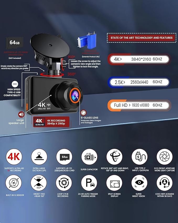 Dash Cam Front and Rear, 4K HD Dash Cam for Cars Built-in WiFi, Car Camera with Night Vision, 64GB Card, 170°Wide Angle, WDR, 3" IPS Screen, Loop Recording, G-Sensor, 24 H P Monitor (K9)