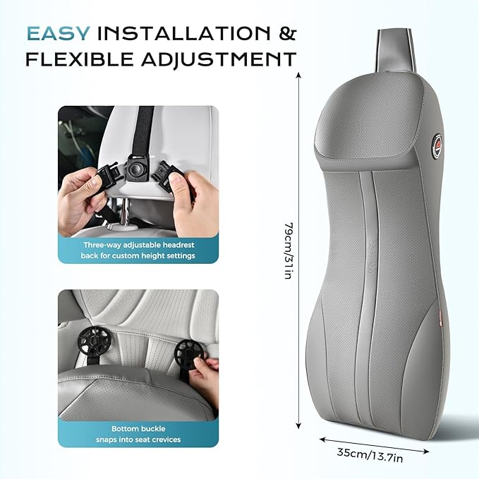 Coverado Upgraded Lumbar Support Pillow and Car Neck Pillow, Ergonomic Memory Foam Integrated Car Cushion Back Neck Support Pillow, Soft Leather Cushion Back Pain Relief for Car Seat Driving, Gray