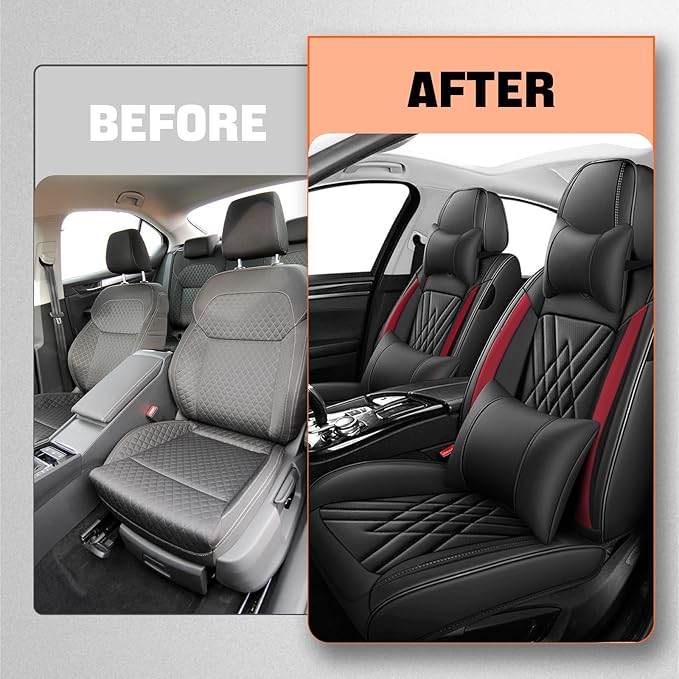 Car Seat Covers Compatible with Toyota Camry 2012-2026 Durable Waterproof Automotive Seat Covers Stretchable, Airbag Compatibility, Premium Nappa Leather(Black Red, 2 Pcs Front with Pillow)