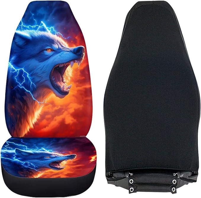 Fashion Wolf Car Front Seat Covers Elastic Fabrics Universal Front Seat Cover Removable Automotive Accessories Easy Installation Suitable for Cars SUV