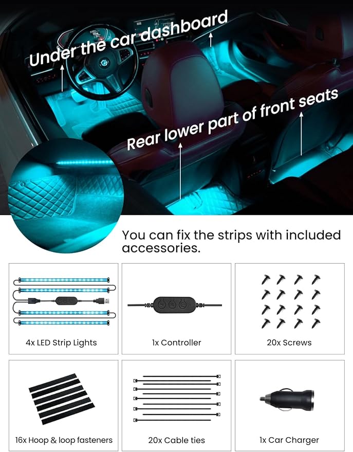 Car RGB LED Lights, Smart 48 LED Car Interior Light with APP Control, Under Dash Car Strip Lights, Music Mode, DIY Mode, 2 Lines Design Light with Charger, Ambient Lighting for Cars SUVs Trucks