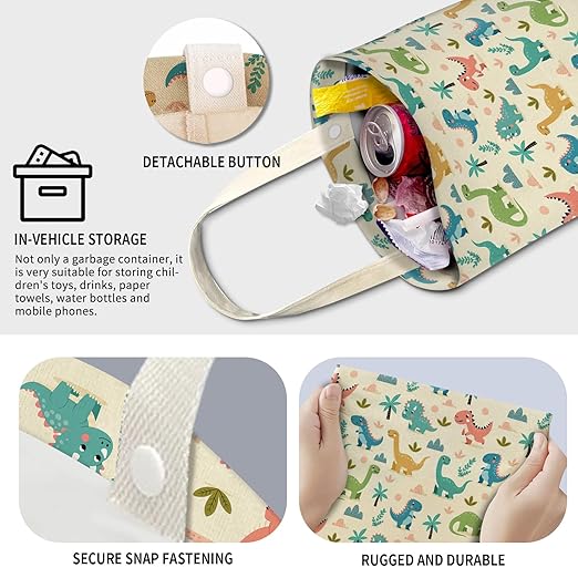 Cute Car Trash Can, Hanging Canvas Car Back Seat Organizer and Storage Bag, Funny Car Trash Bag For Travelling, Outdoor Cute Colorful Cartoon Dinosaur