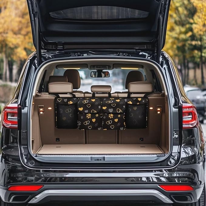 Hanging Car Trunk Organizer, Car Back Seat Storage with 4 Pockets Universal Detachable Car Accessories for SUV Hatchback Crossover Minivan (Dog Paw Print Love Heart Design)